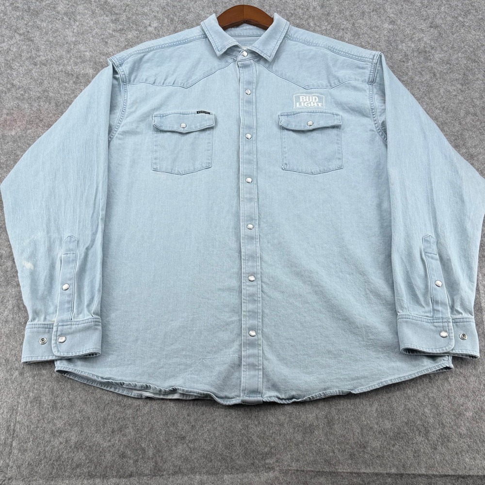 Poncho Outdoors Bud Light Western Snap Denim Shirt Mens XL Regular Fit Blue